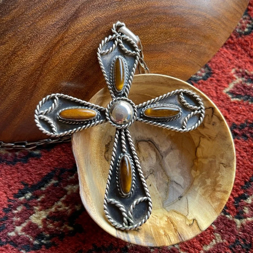 Outstanding Sterling & Tiger’s Eye **BIG** Statement Cross Necklace Mexi…